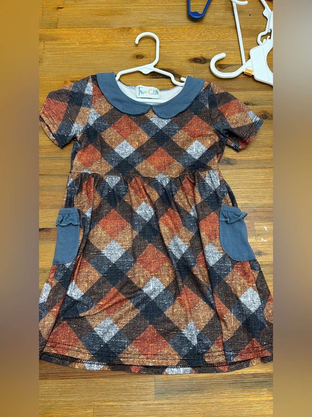 Girls' Plaid Peter Pan Collar Dress in Rust, Charcoal & Cream